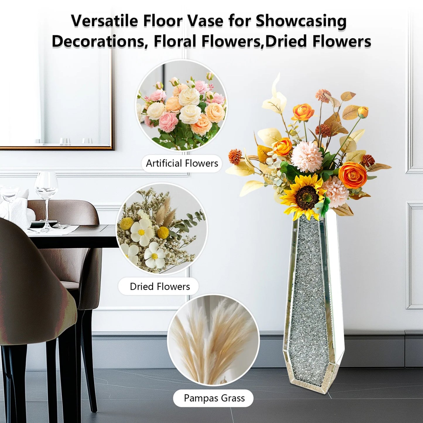 Mirrored Floor Vase With Crushed Diamond Glass Silver Finish