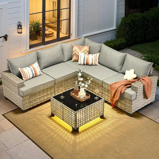 Outdoor Sectional Patio Set Six Piece Wicker L Shaped Sofa