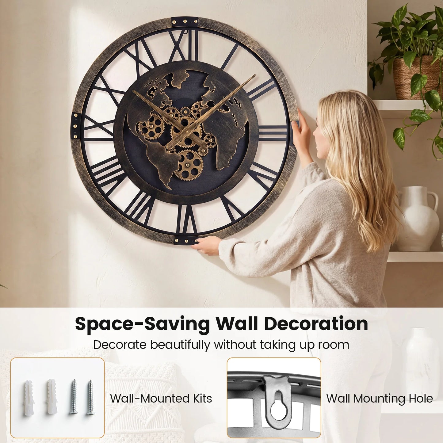 HOMASIS Gear Wall Clock With World Map Non-Ticking Metal Clock