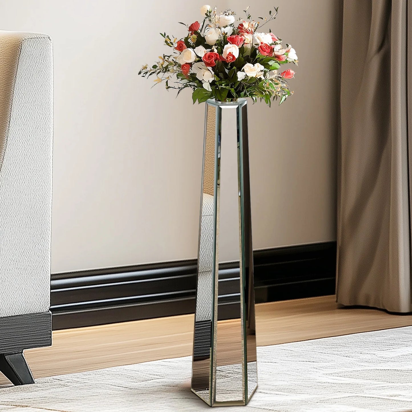Mirrored Floor Vase With Crushed Diamond Glass Silver Finish