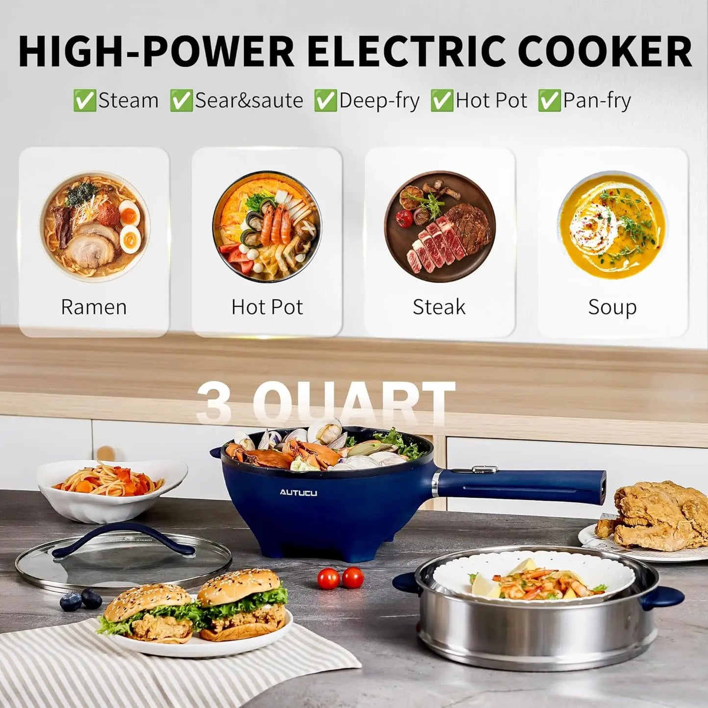 XMSJ 3L Electric Pot With Steamer Nonstick Wok 1200W