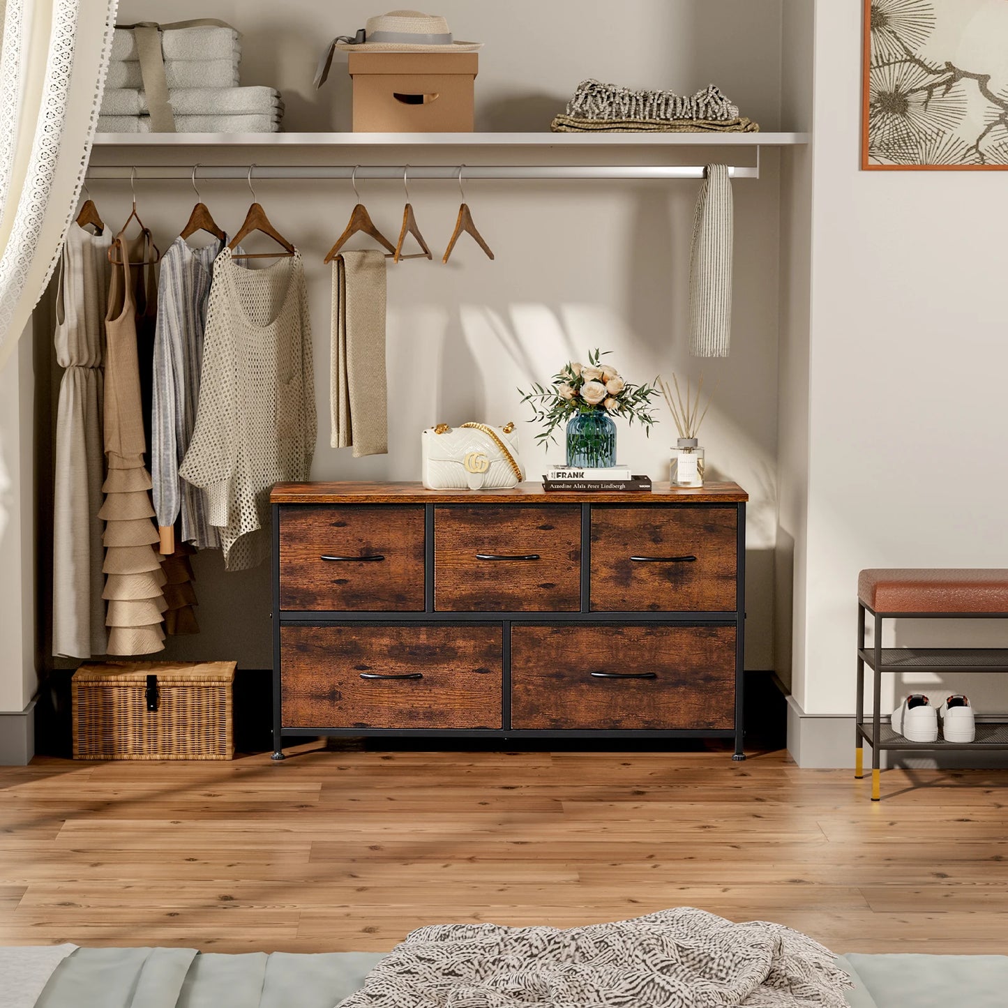 JHK Living Room Display Cabinet With Fabric Drawers Steel Frame