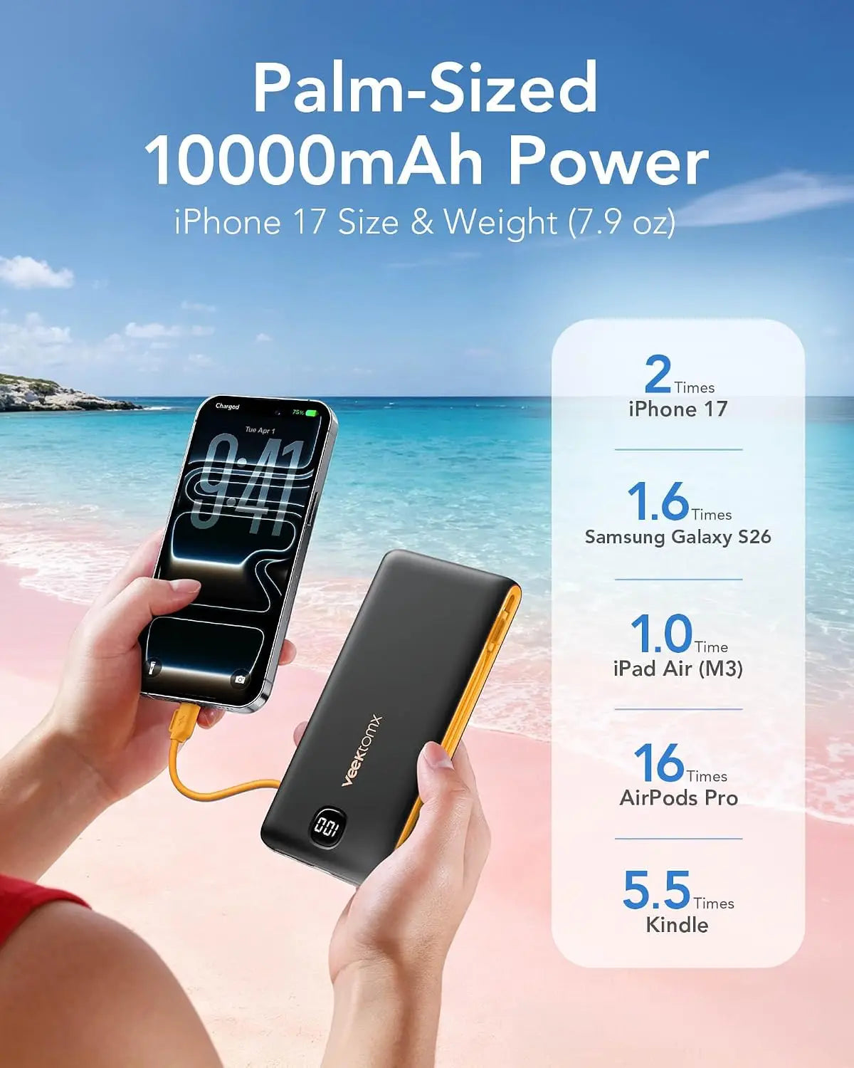 Portable 10000mAh Power Bank With Built In Cables Fast Charge