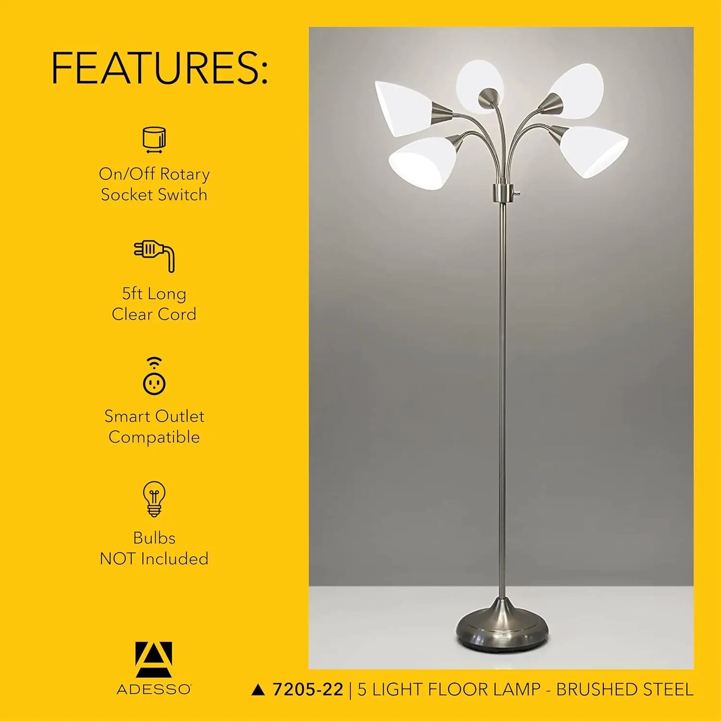 Floor Lamp With Five Movable Shades And Adjustable Brightness Brushed Steel