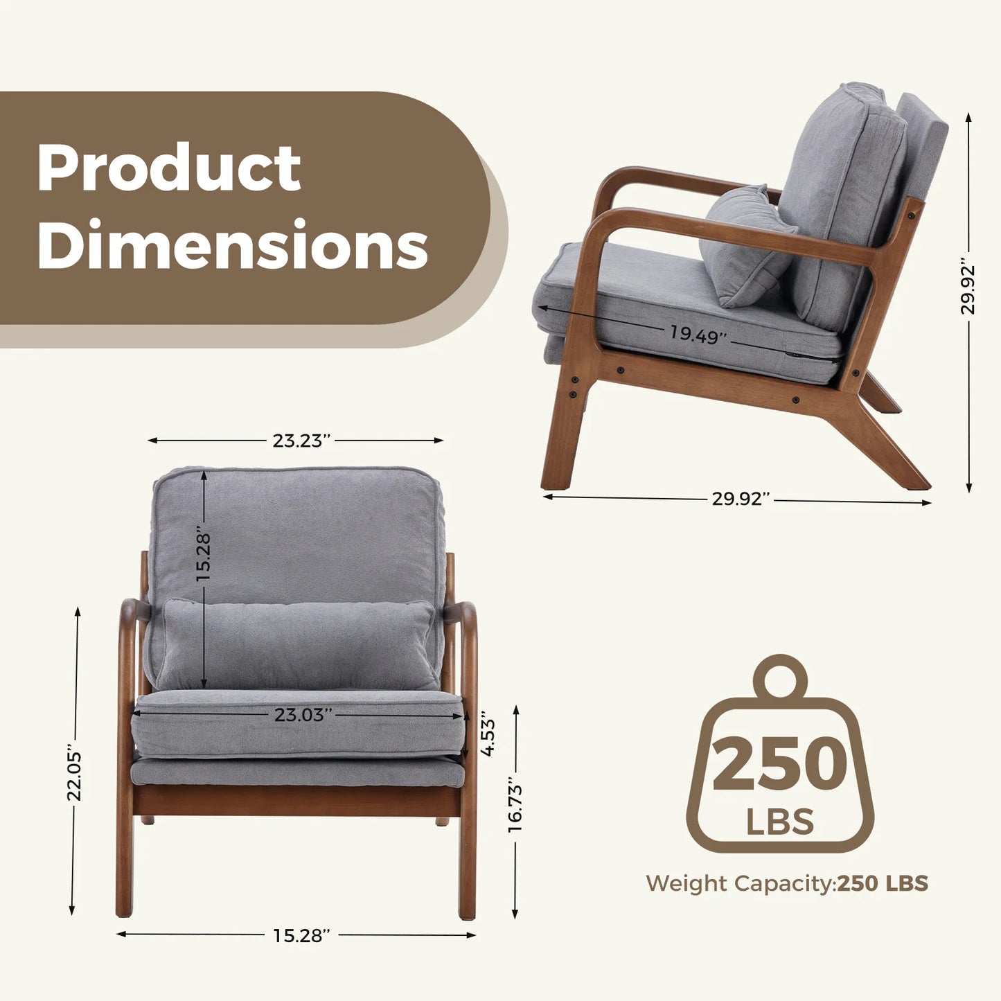 JHK Mid Century Modern Chair With Solid Wood Frame Arms