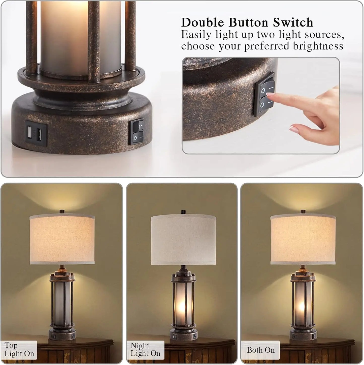 Farmhouse Table Lamps Set of 2 With USB Charging Ports