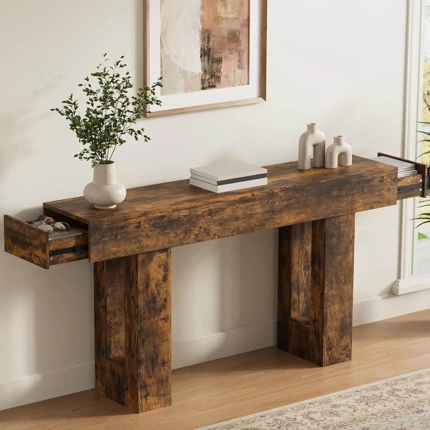 Farmhouse Style Console Table With Drawers For Living Room Hallway