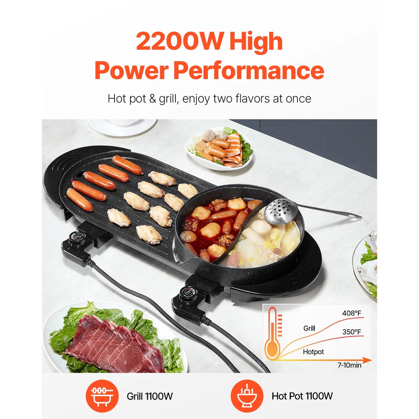 SucceBuy 2200W 2-in-1 Smokeless Hot Pot And Grill With Dual Temperature