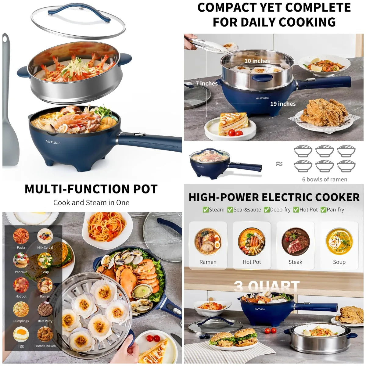 XMSJ 3L Electric Pot With Steamer Nonstick Wok 1200W