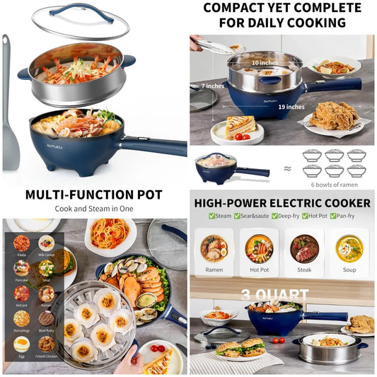 XMSJ 3L Electric Pot With Steamer Nonstick Wok 1200W