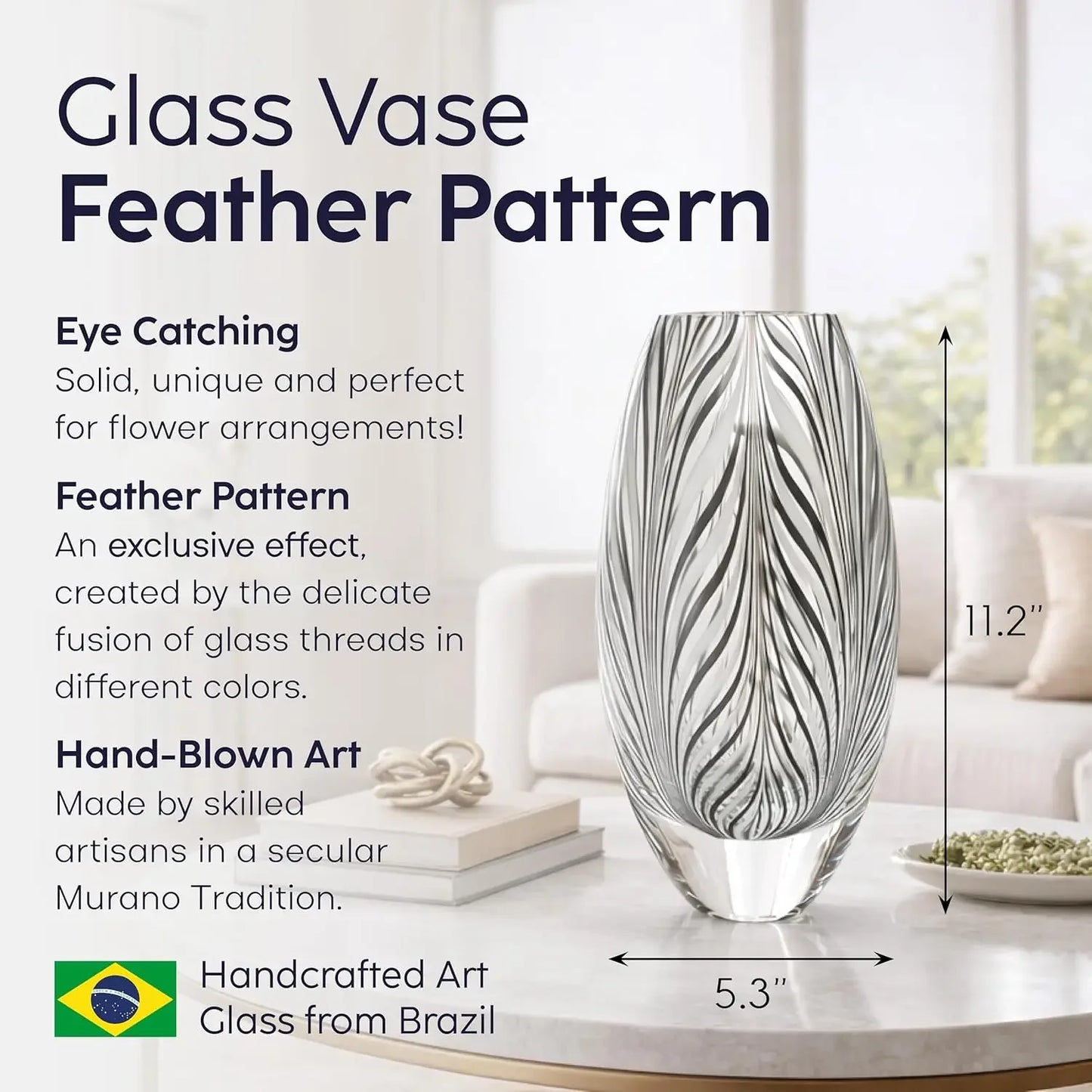 Hand Blown Murano Style Glass Vase With Feather Pattern