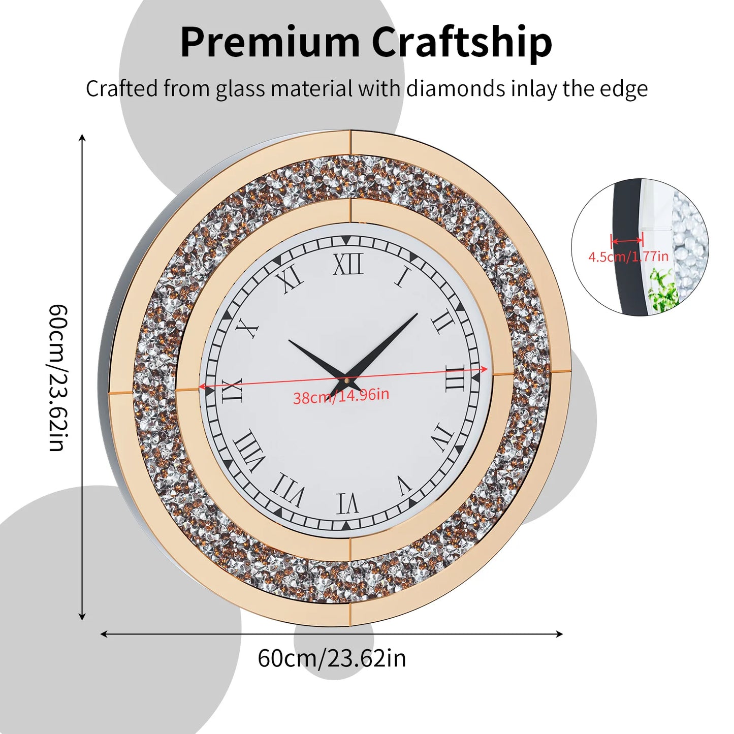 Silver Tawny Round Mirror Wall Clock With Crystal Sparkle
