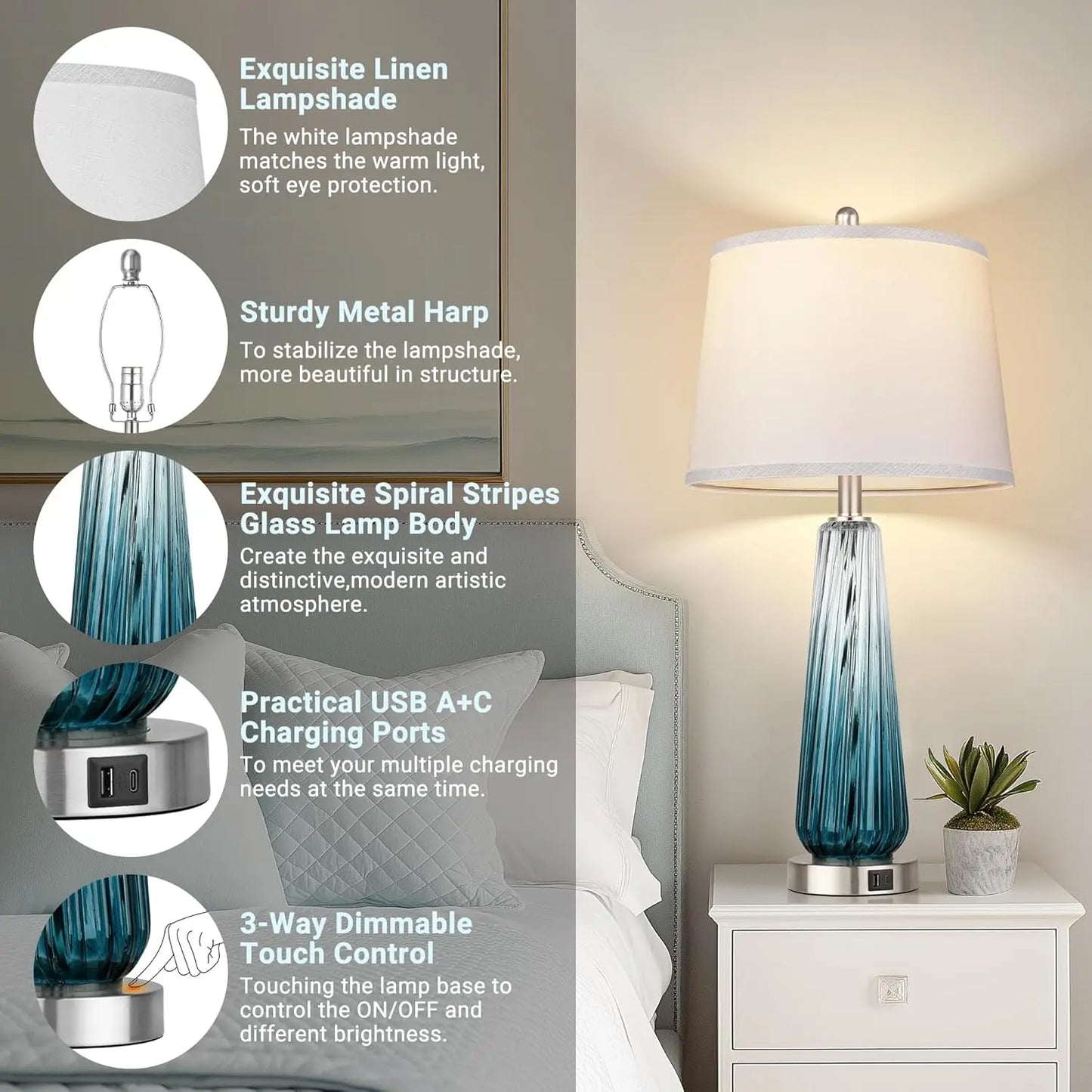 Glass Table Lamps Set Of 2 With USB Ports And 3 Way Dimmable