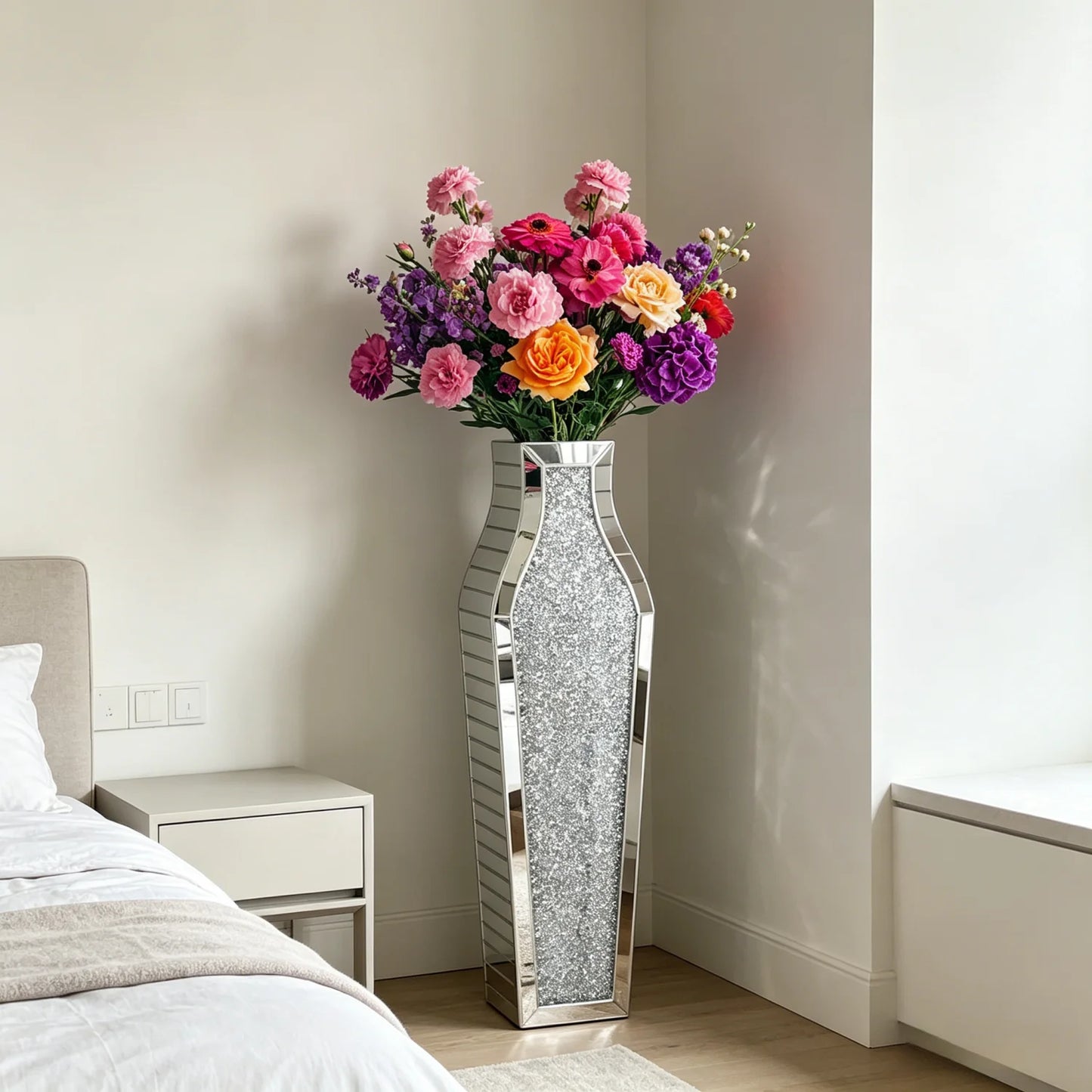 Mirrored Floor Vase With Crushed Diamond Glass Silver Finish