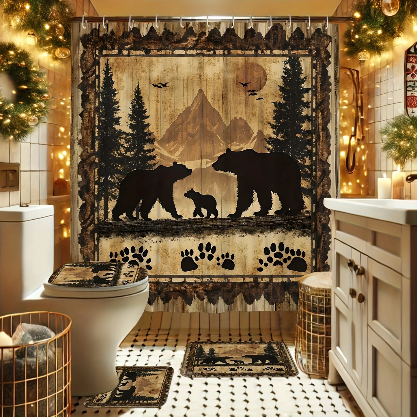 Four Bamboo Shower Curtains With Abstract Design And Hooks