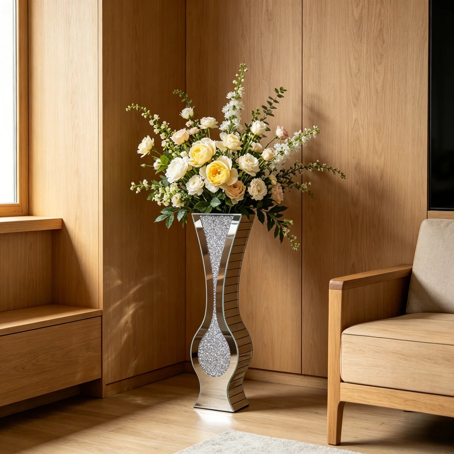 Mirrored Floor Vase With Crushed Diamond Glass Silver Finish