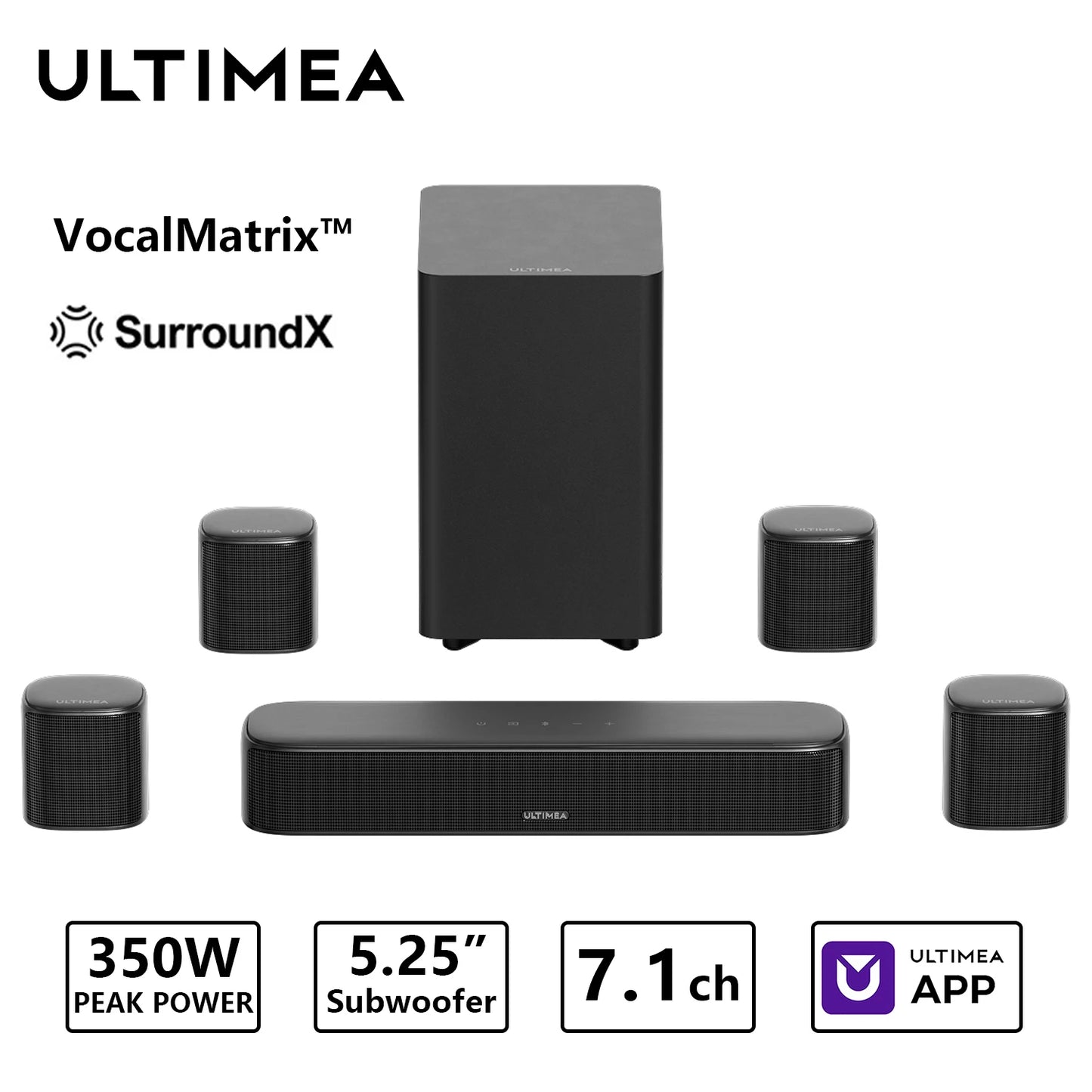 Ultimea 350W 7.1Ch Virtual Surround Soundbar Subwoofer