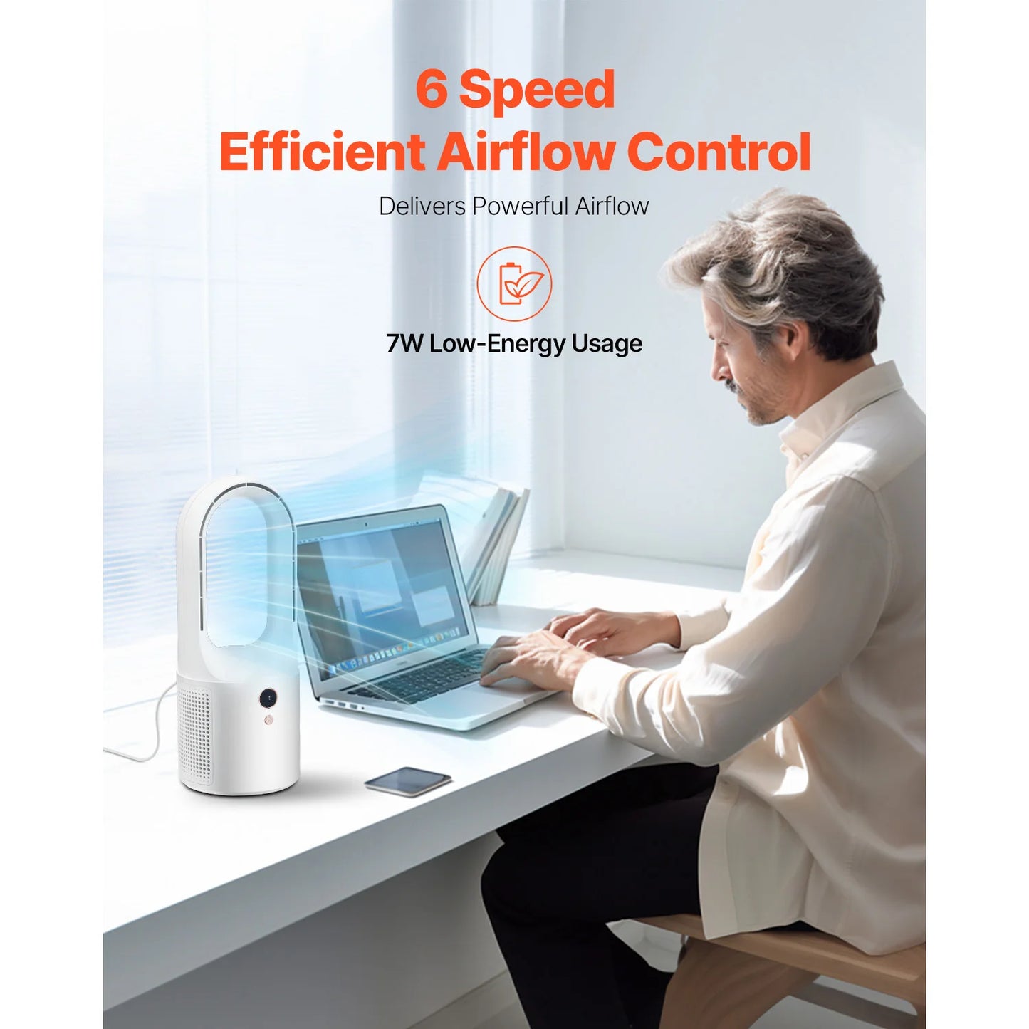 SucceBuy Bladeless Desk Fan 7W USB Quiet Cooling 6 Speeds