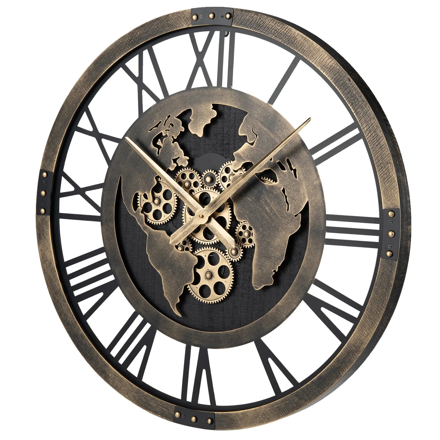 HOMASIS Gear Wall Clock With World Map Non-Ticking Metal Clock