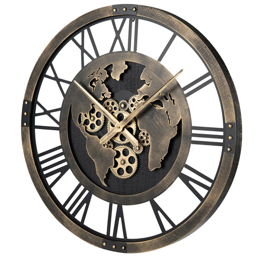 HOMASIS Gear Wall Clock With World Map Non-Ticking Metal Clock