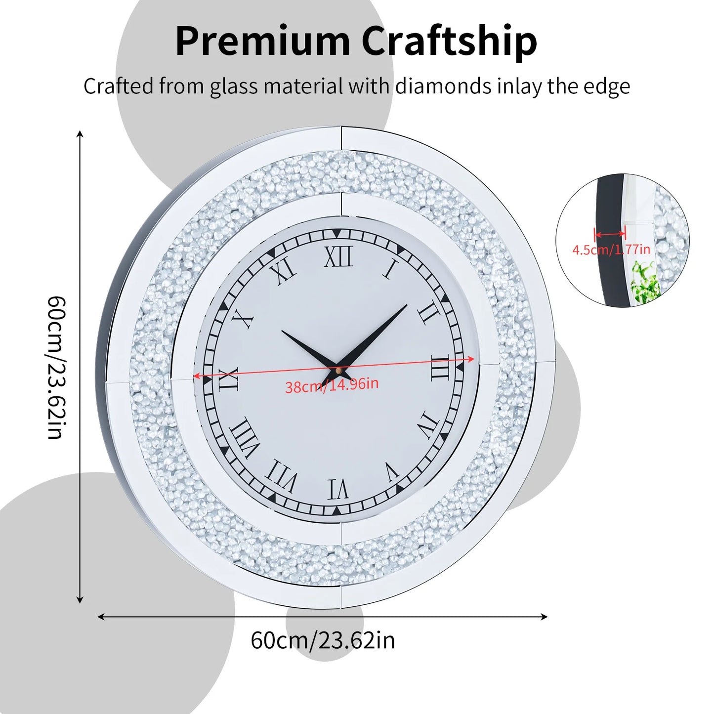 Silver Tawny Round Mirror Wall Clock With Crystal Sparkle