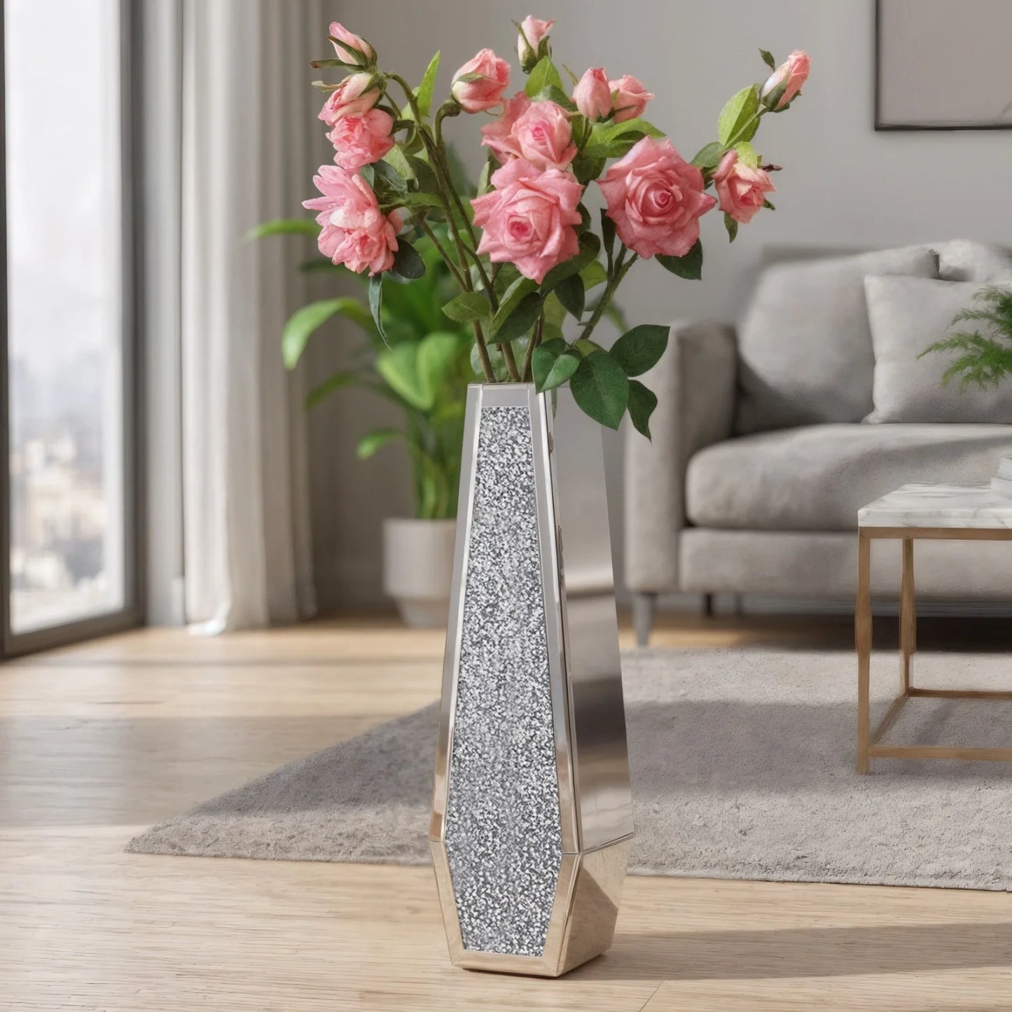 Mirrored Floor Vase With Crushed Diamond Glass Silver Finish