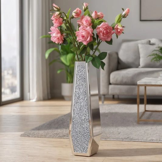 Mirrored Floor Vase With Crushed Diamond Glass Silver Finish