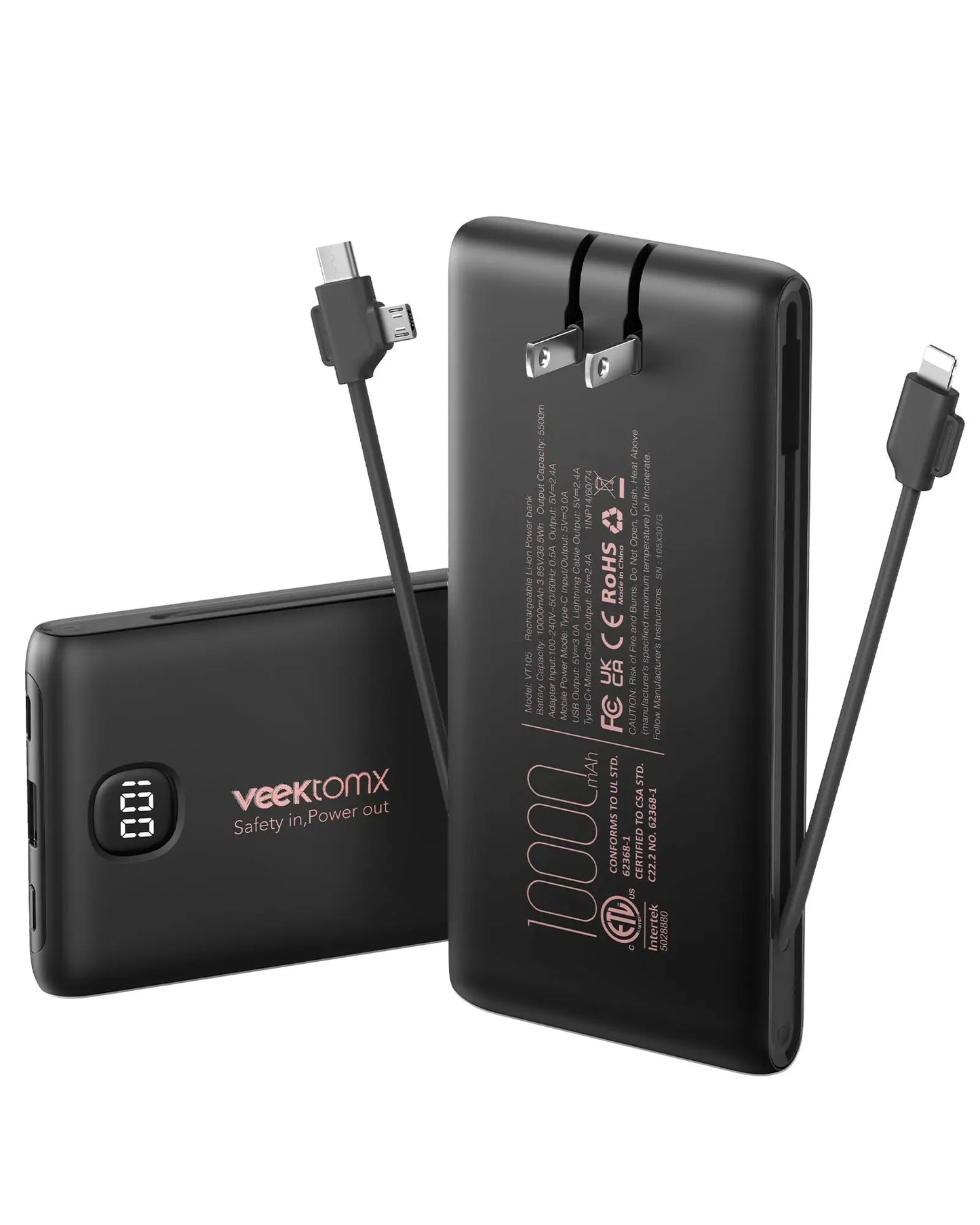 Portable 10000mAh Power Bank With Built In Cables Fast Charge