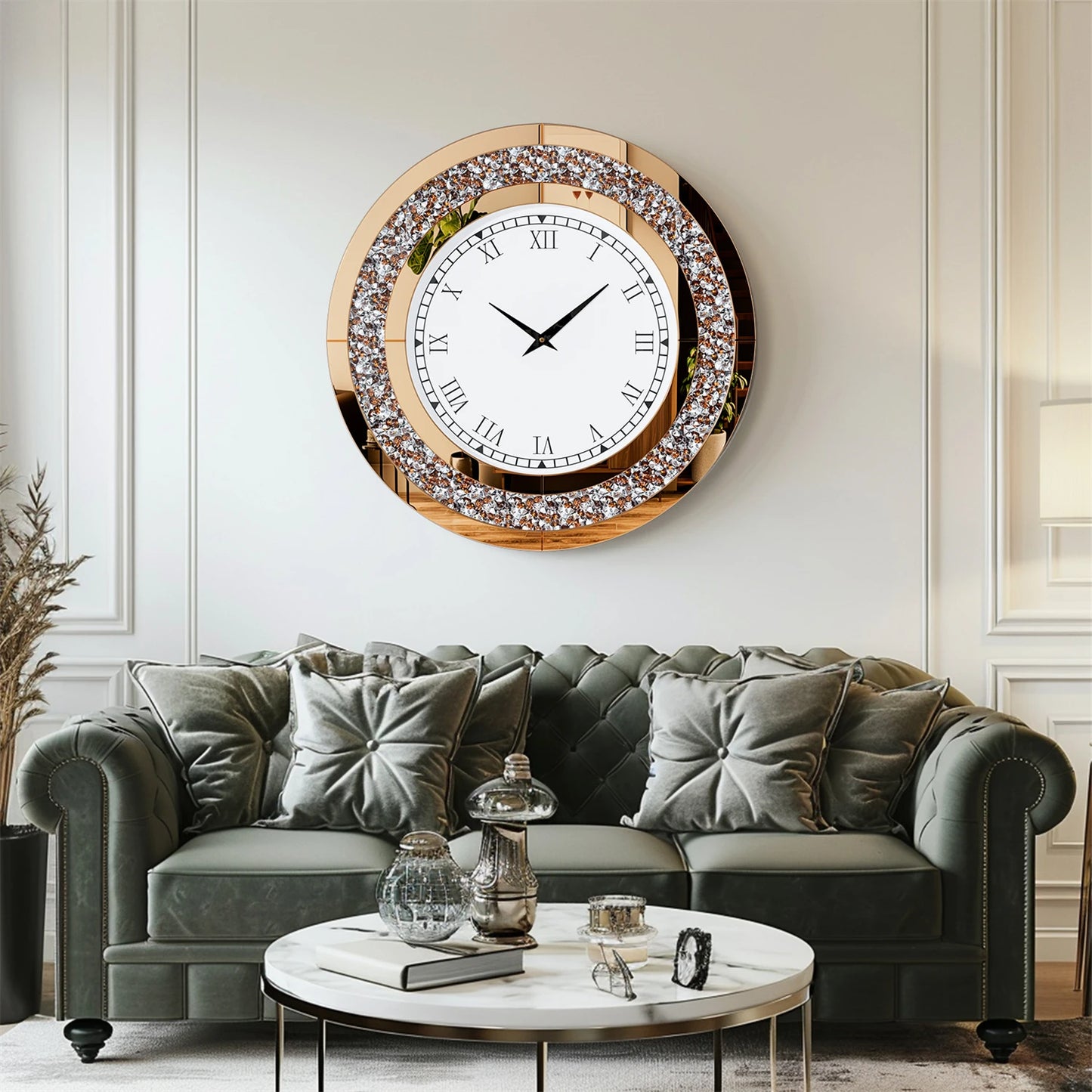 Silver Tawny Round Mirror Wall Clock With Crystal Sparkle
