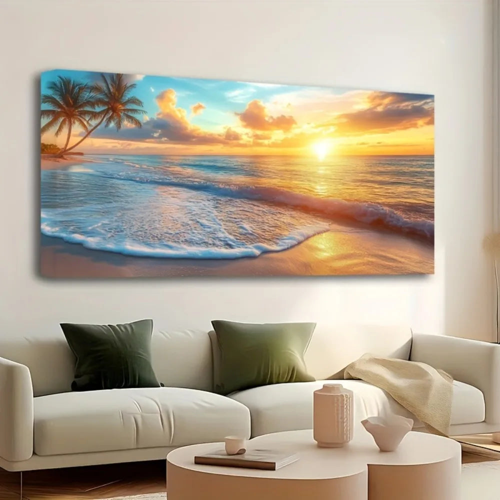 Natural Pine Frame Canvas Wall Art Ocean Sunset Coast Scene