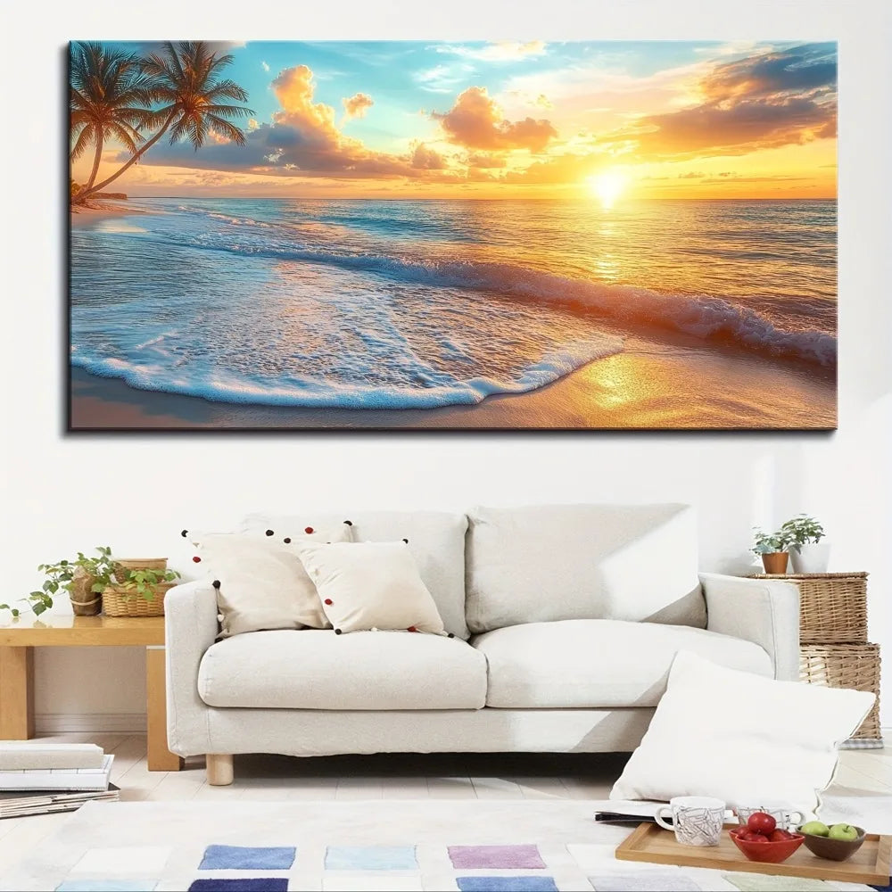 Natural Pine Frame Canvas Wall Art Ocean Sunset Coast Scene