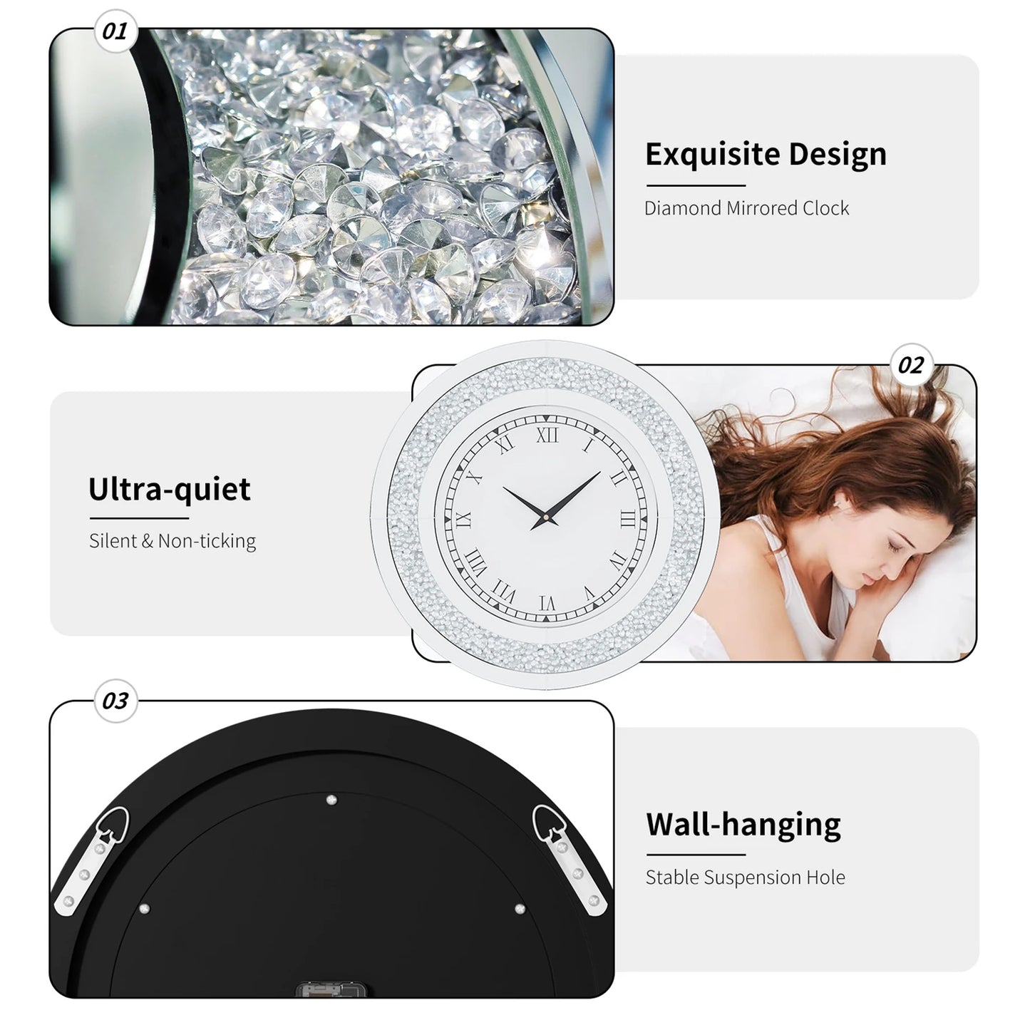 Silver Tawny Round Mirror Wall Clock With Crystal Sparkle