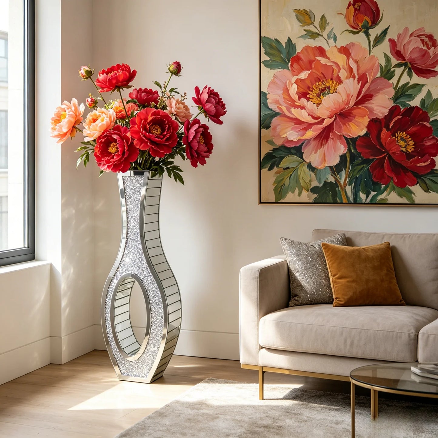 Mirrored Floor Vase With Crushed Diamond Glass Silver Finish