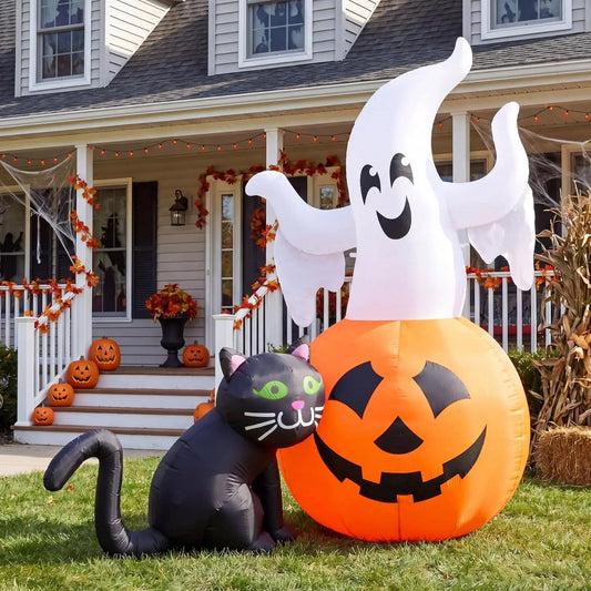 Joyfy Lighted Ghost On Pumpkin With Black Cat Halloween Inflatable