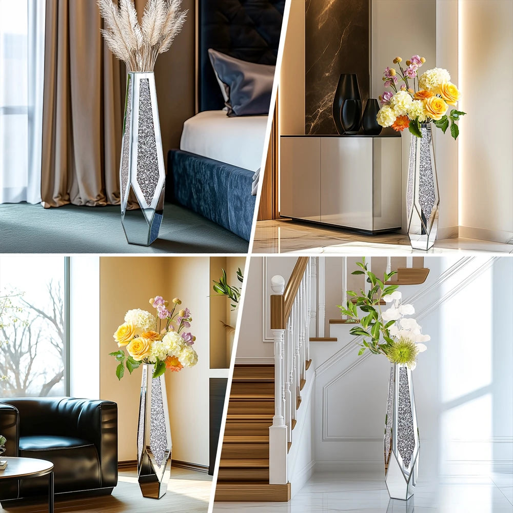 Crushed Diamond Mirrored Flower Vase Floor Standing