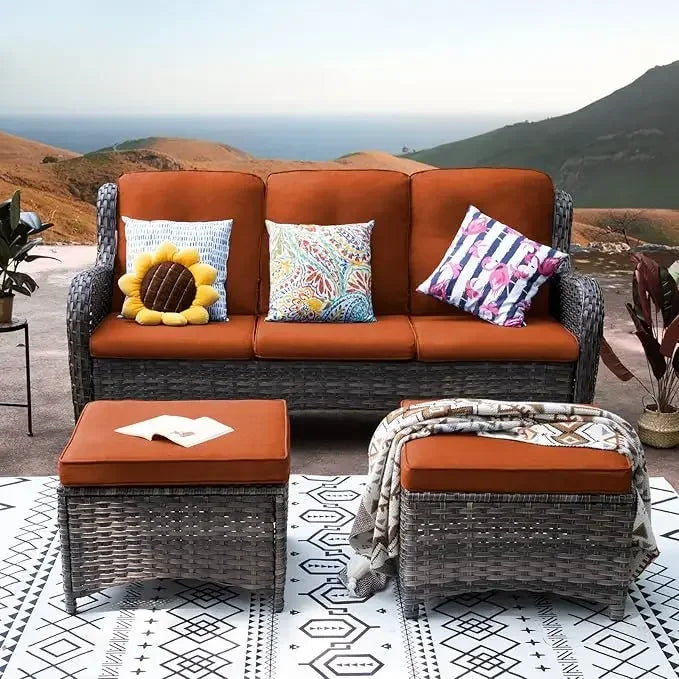 Wicker Outdoor Furniture Set 3-Piece With 3-Seat Sofa And Ottomans
