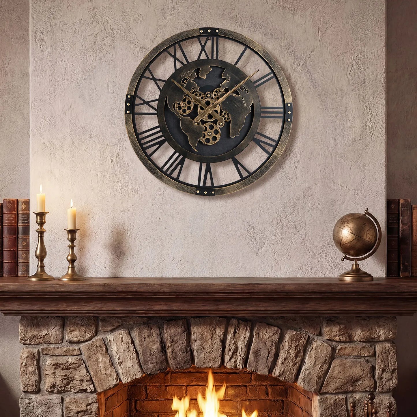 HOMASIS Gear Wall Clock With World Map Non-Ticking Metal Clock