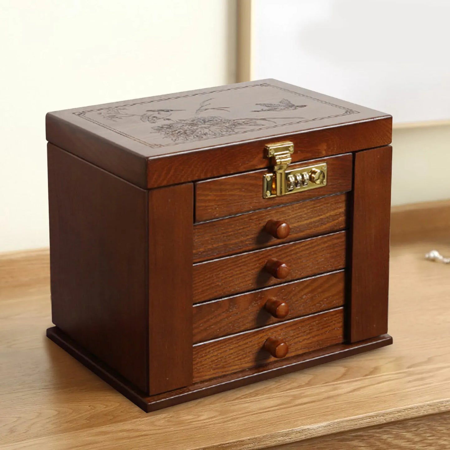 Wooden Jewelry Box Organizer With Mirror Password Lock 4 Layer