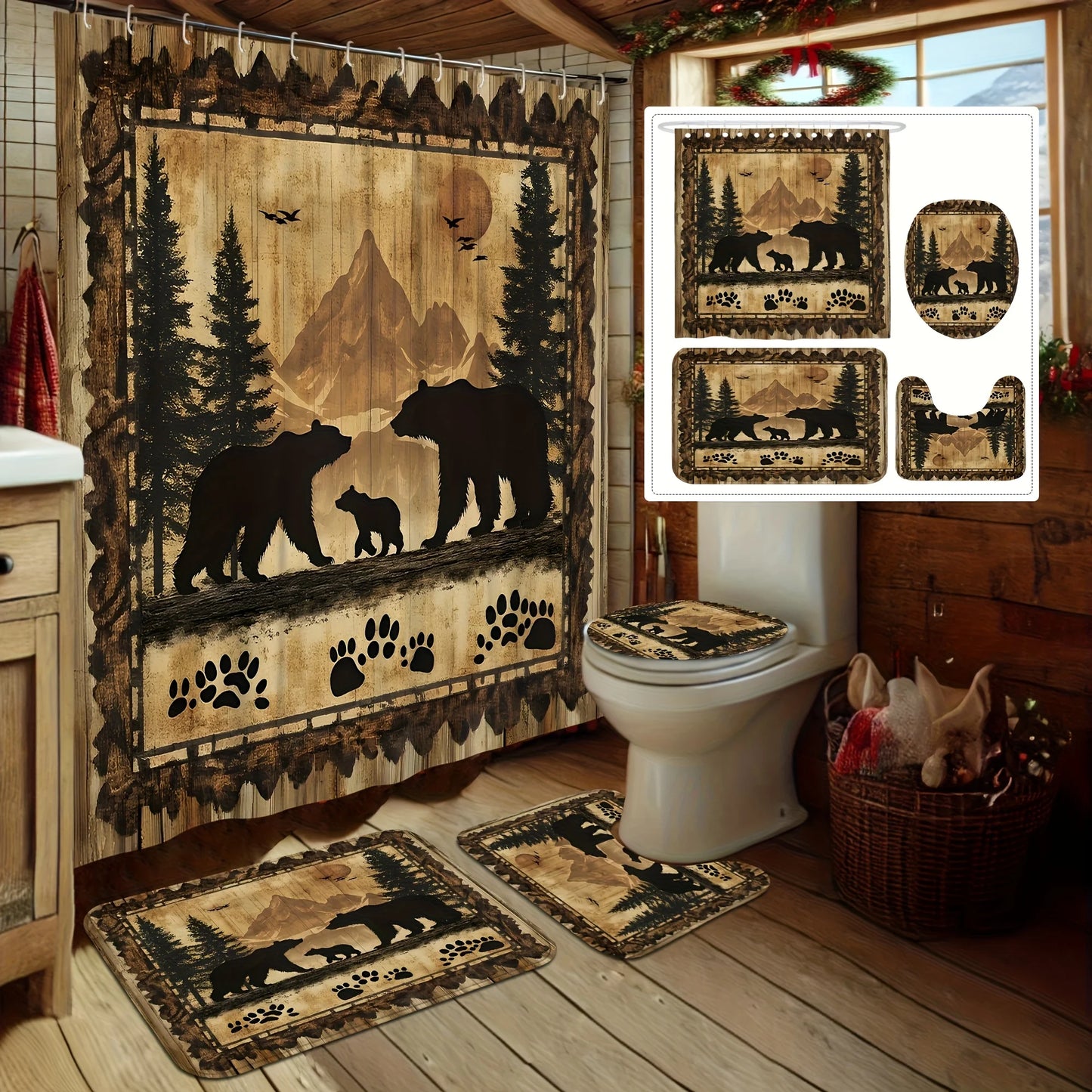Four Bamboo Shower Curtains With Abstract Design And Hooks