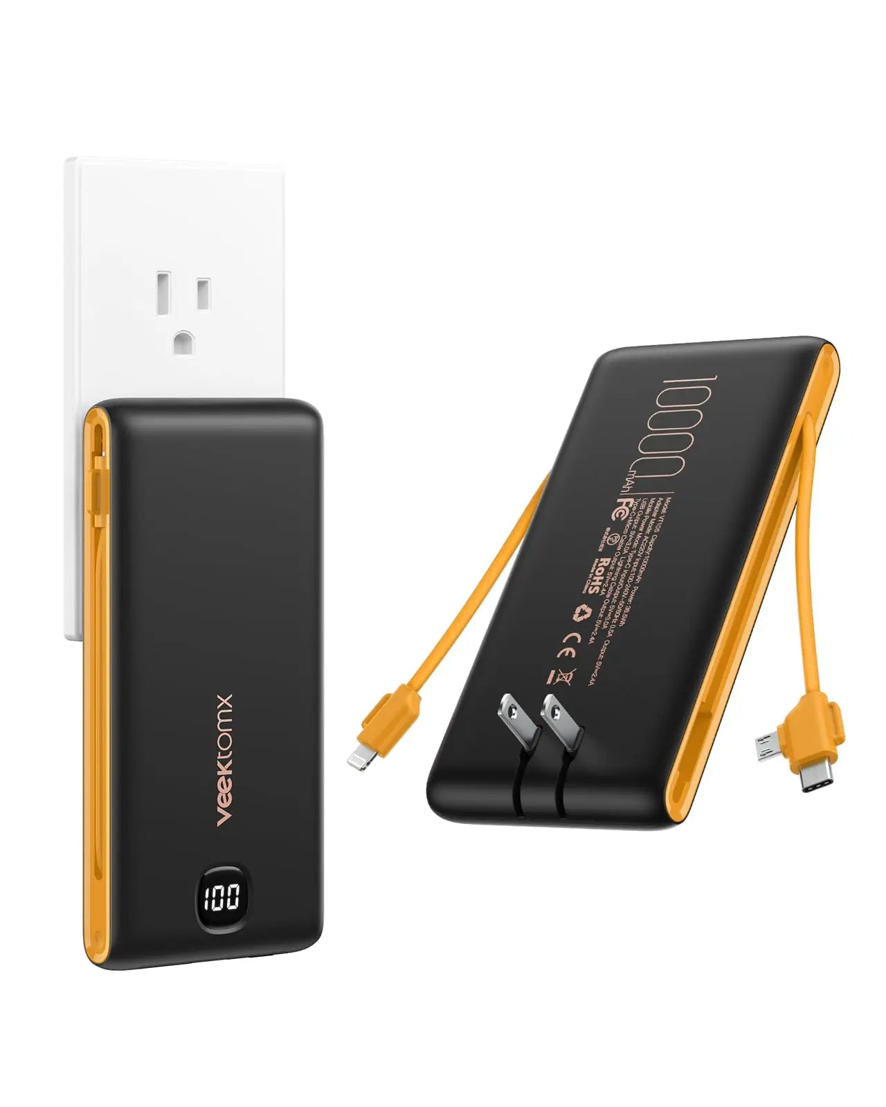 Portable 10000mAh Power Bank With Built In Cables Fast Charge