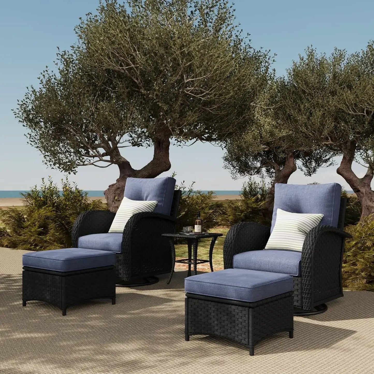 Outdoor 5 Piece Rattan Wicker Furniture Set With Swivel Rockers