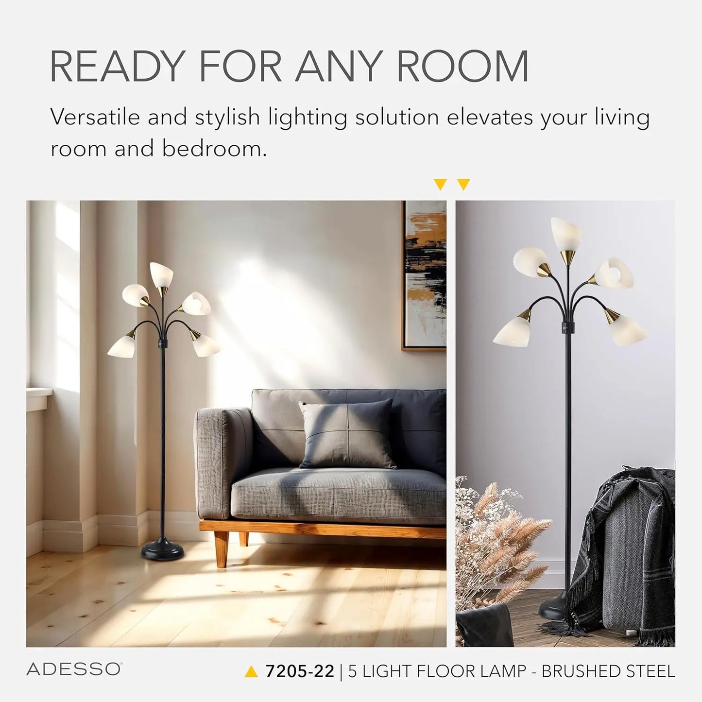 Floor Lamp With Five Movable Shades And Adjustable Brightness Brushed Steel