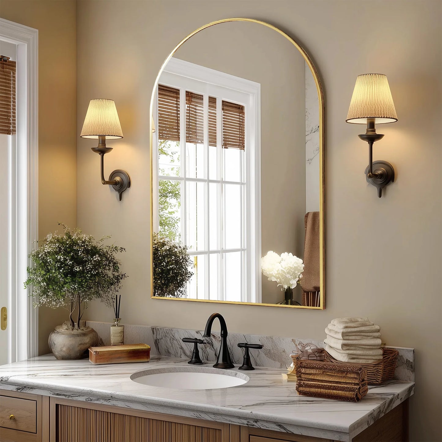 JHK Arched Metal Framed Mirror For Wall Bathroom Bedroom Entryway