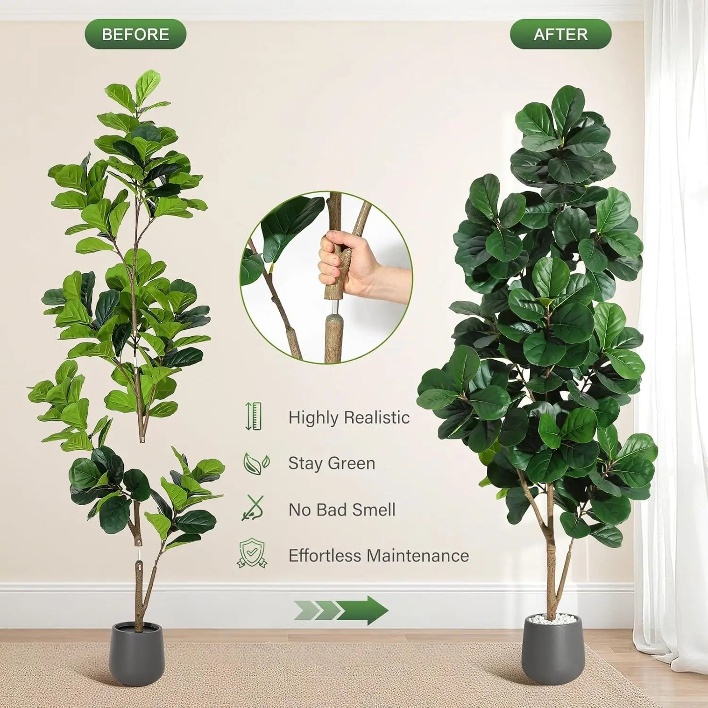 HiMISS Fiddle Leaf Fig Tree Artificial Lifelike In Planter