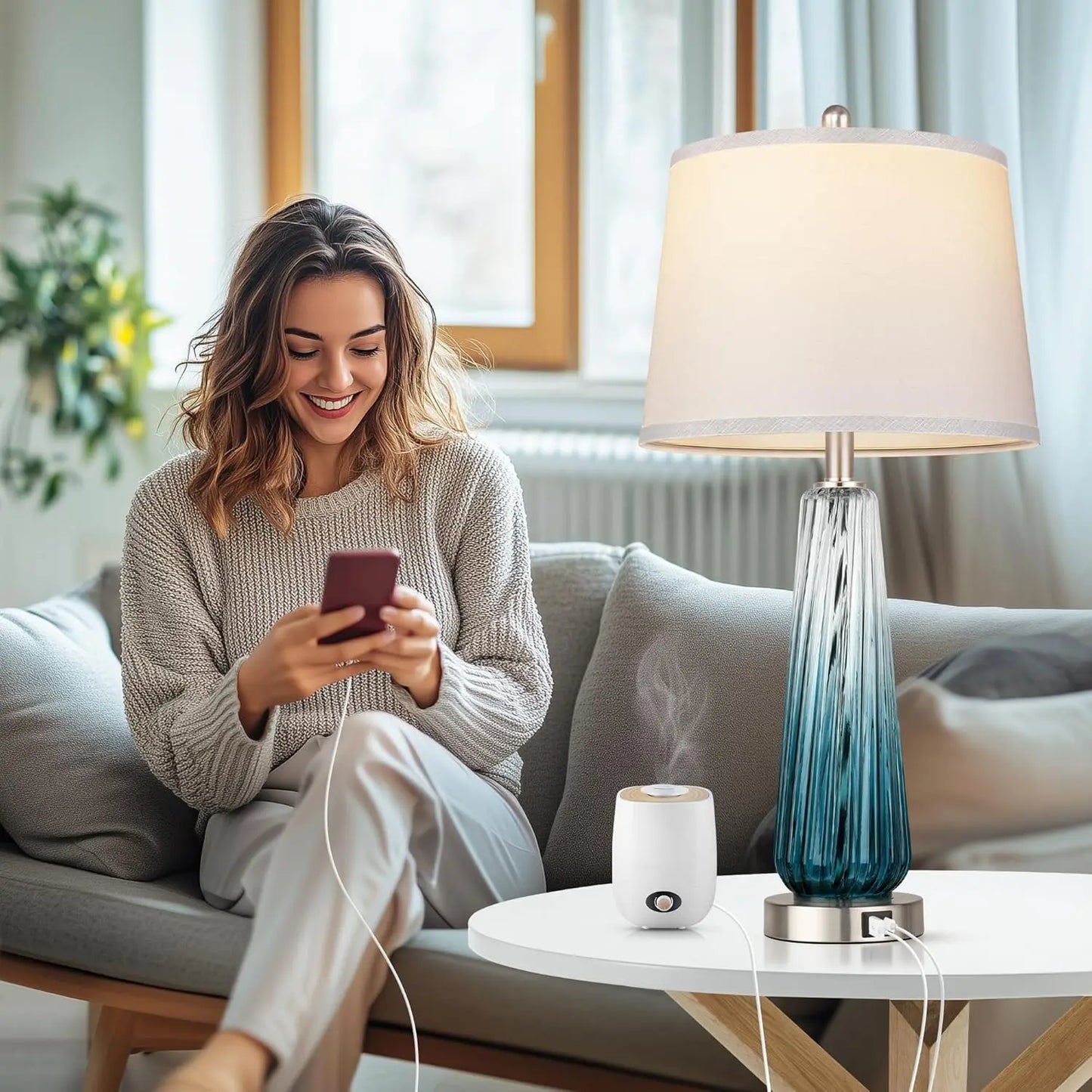 Glass Table Lamps Set Of 2 With USB Ports And 3 Way Dimmable