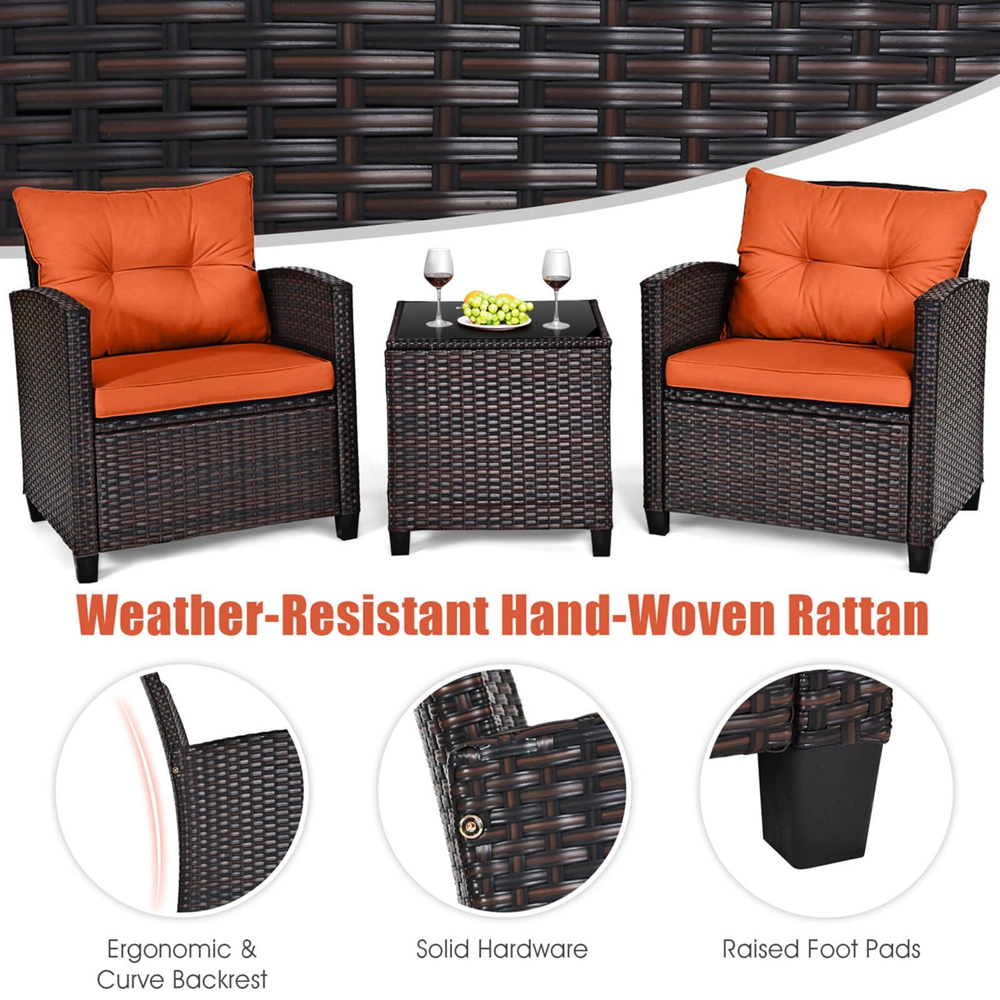 HOMASIS 3-Piece Patio Rattan Furniture Set Cushioned Conversation
