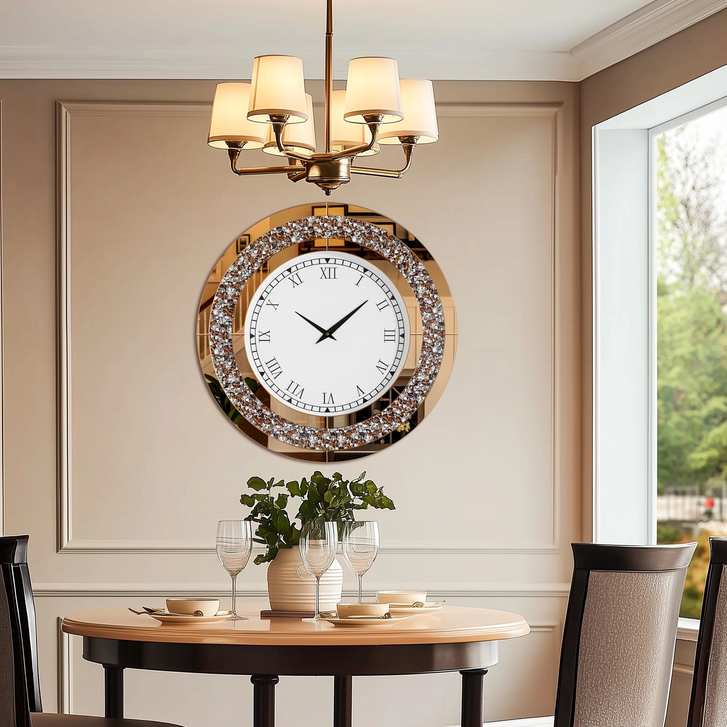 Silver Tawny Round Mirror Wall Clock With Crystal Sparkle