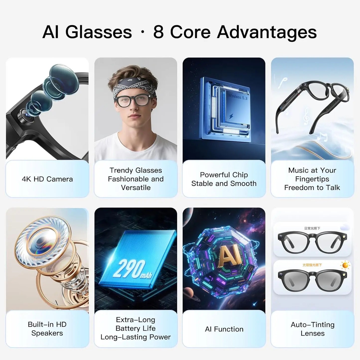 AI Smart Glasses With 8MP Camera Real Time Translation