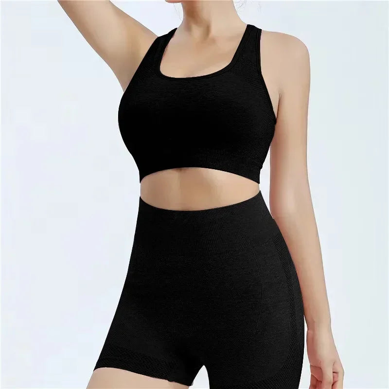 Women Yoga Set With Breathable Quick Dry Seamless Sports Bra And Shorts