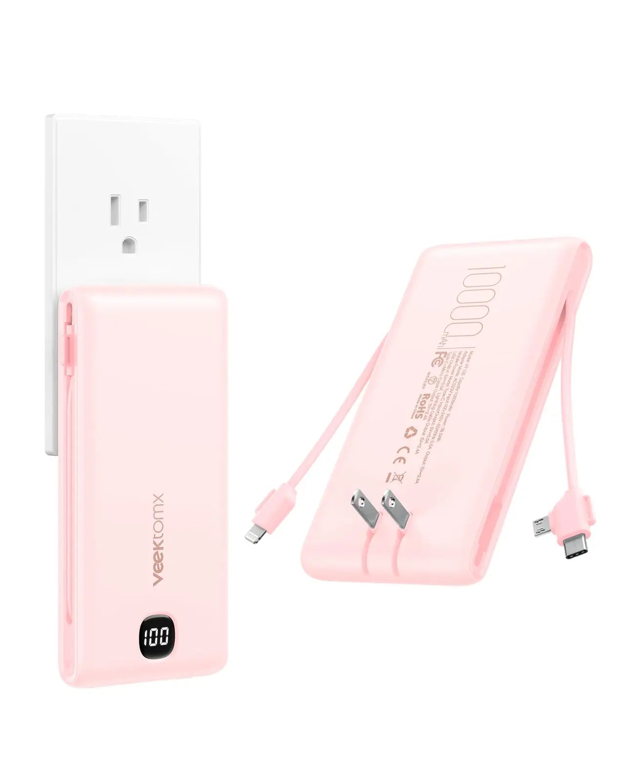 Portable 10000mAh Power Bank With Built In Cables Fast Charge